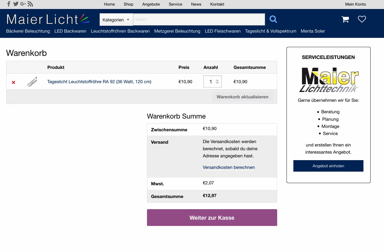 Maier Licht Onlineshop Warenkorb